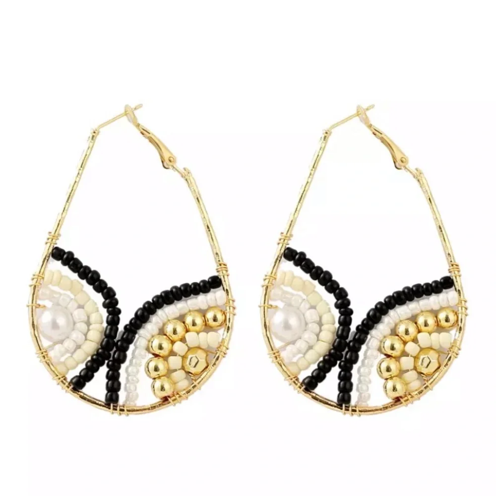 Anthropologie Gold Plated White Black Beaded Wire Wrap Teardrop Hoop Ear… - Picture 6 of 7